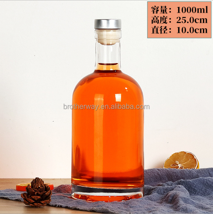 200ml 375ml 500ml 750ml 1000ml transparent round empty flint glass liquor wine Whisky Vodka tequila bottle with sealed cork lid