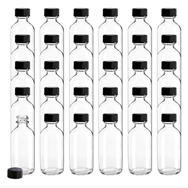 2 oz Small Clear Glass Bottles, Boston Round Sample Bottles with Black Poly Cone Cap for Potion, Juice, Ginger Shots, Oils