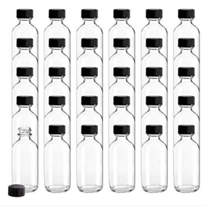 2 oz Small Clear Glass Bottles, Boston Round Sample Bottles with Black Poly Cone Cap for Potion, Juice, Ginger Shots, Oils