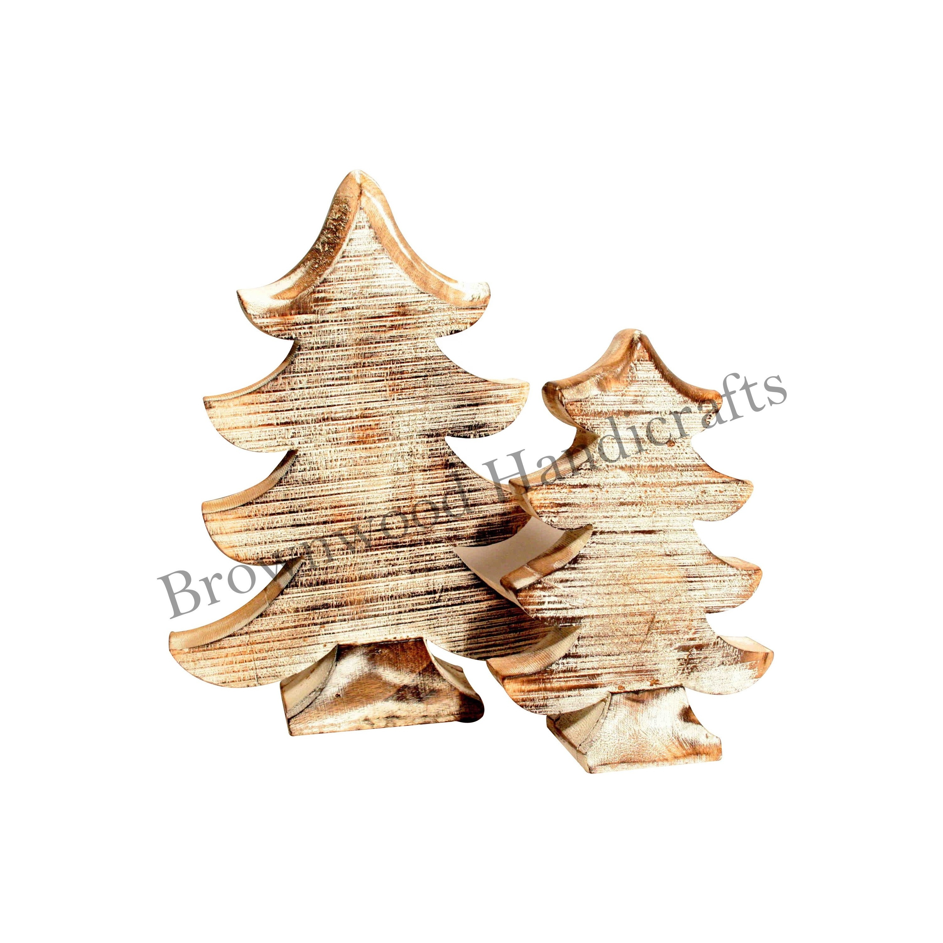 Mango Wood Hand Carved Christmas Tree Ornaments Set of 2Rustic Wooden Christmas Decor for Festive Ambiance & Gifts Use