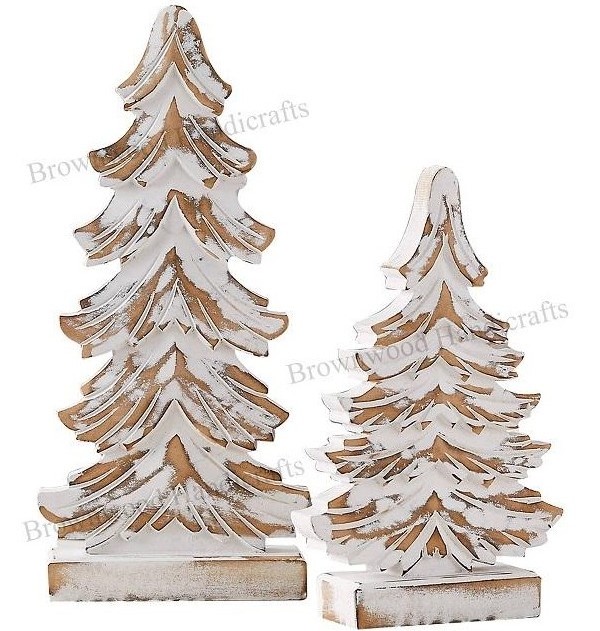 Mango Wood Hand Carved Christmas Tree Ornaments Set of 2Rustic Wooden Christmas Decor for Festive Ambiance & Gifts Use