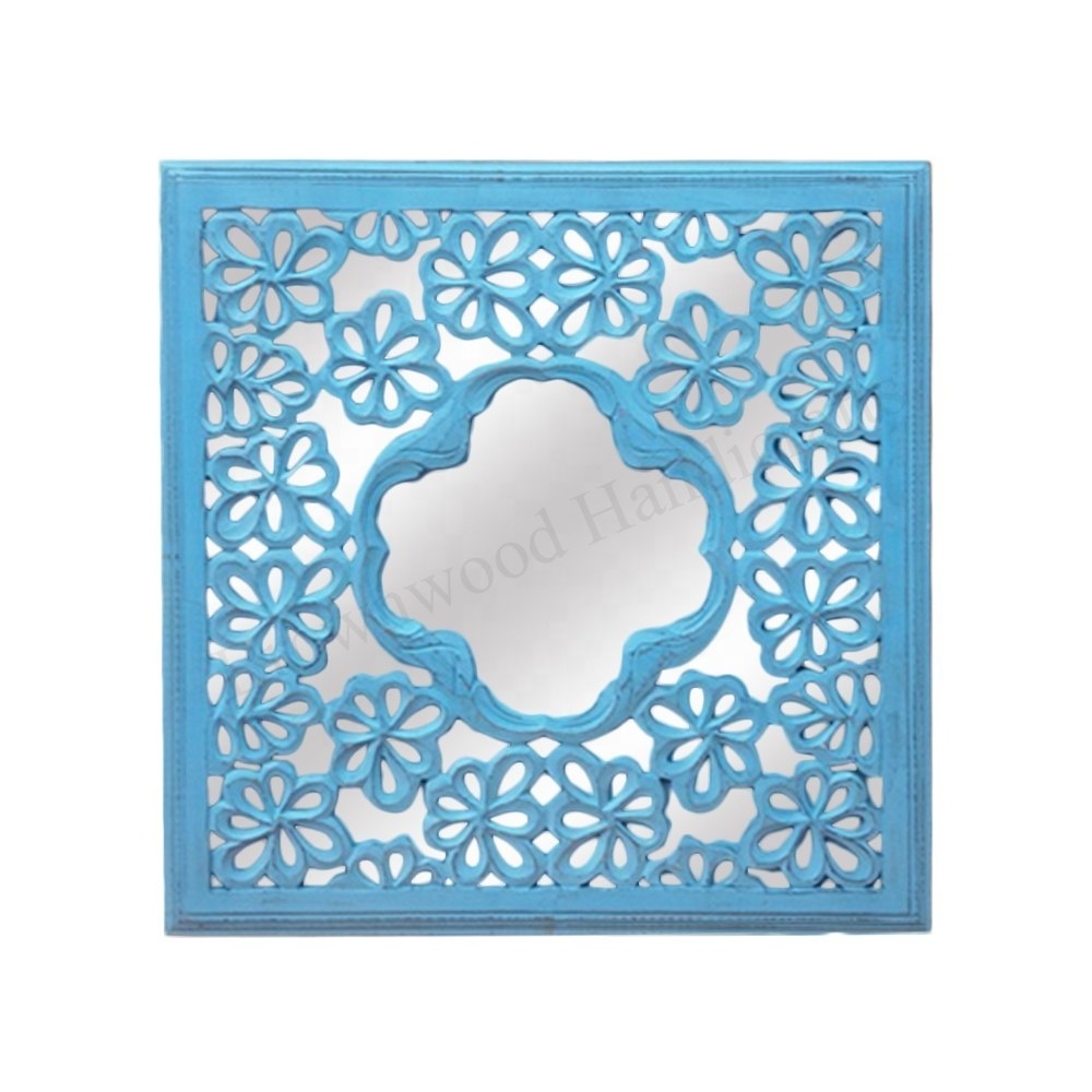 Top selling MDF Wood Hand Carved Wall Hanging Decorative Mirror panel Square Shape Wooden Carved Mirror Panel For Bedroom Decor