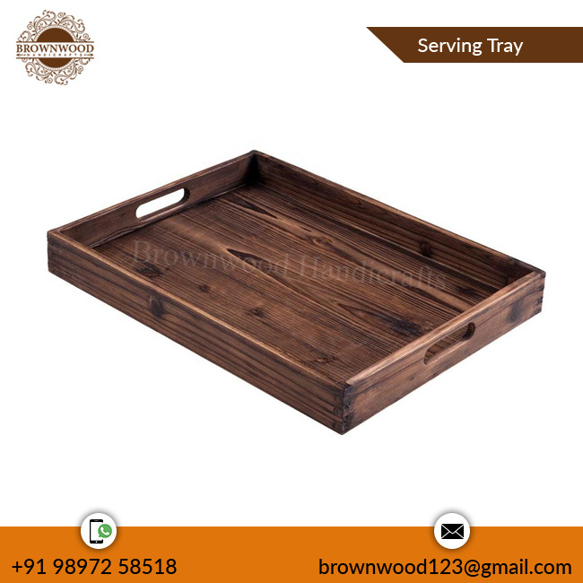 Wholesale Price Pine Wood Handmade Serving Tray with Handles Tea Coffee Yummy Desert Serving and Decor Wooden Tray