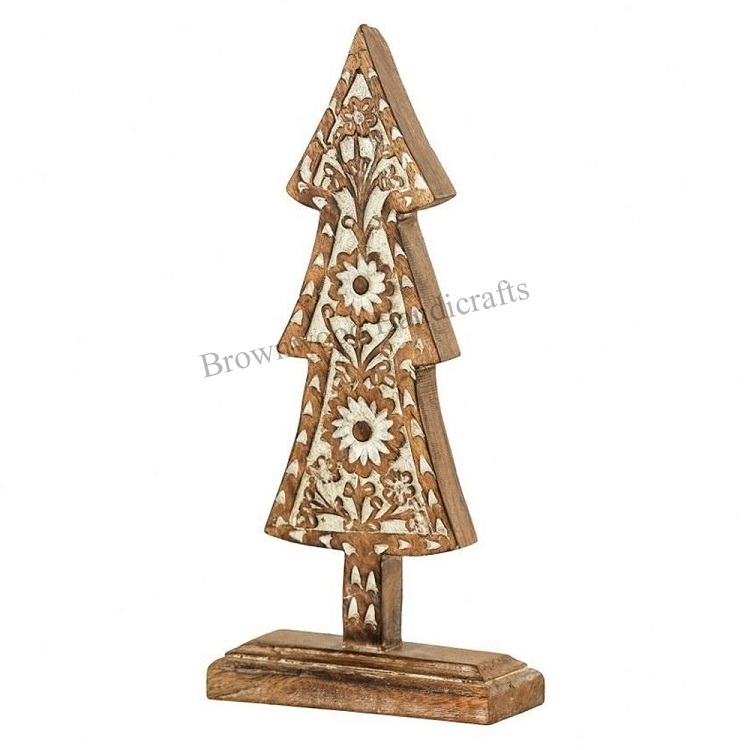 Mango Wood Hand Carved Christmas Tree Ornaments Set of 2Rustic Wooden Christmas Decor for Festive Ambiance & Gifts Use