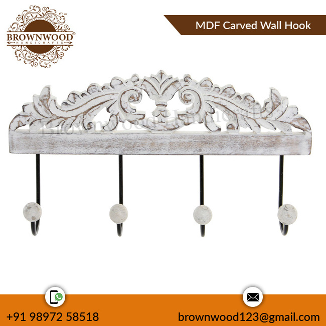 Natural High Quality 4 Hooks MDF Carved Wooden Coat Rack Clothes Hanger Wall Hook for Living Room