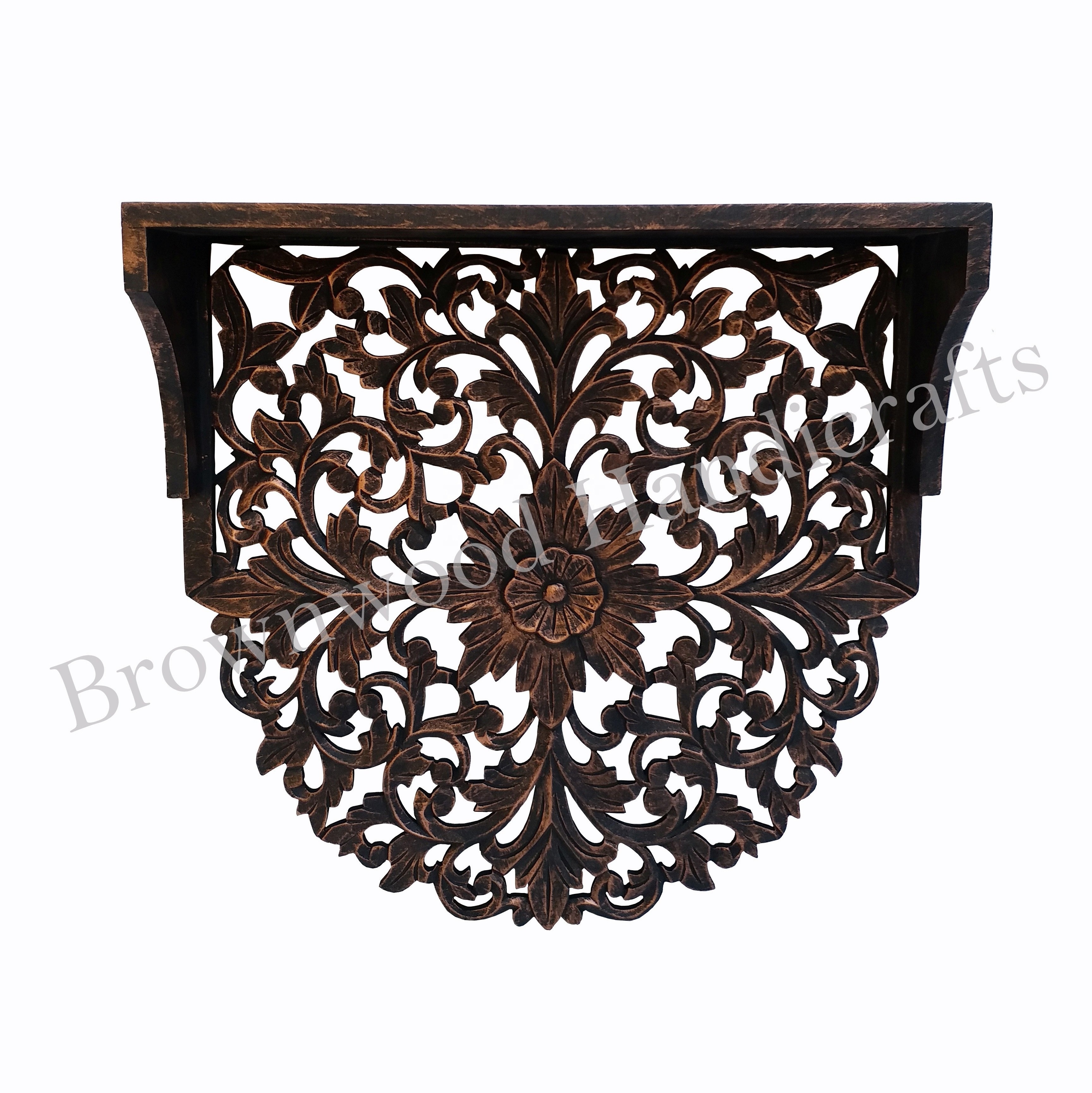 Antique Design Mango Wood Hand Carved Wall Hanging Floral Shelf Living Room Bedroom Decorative Wall Shelf at Low Price