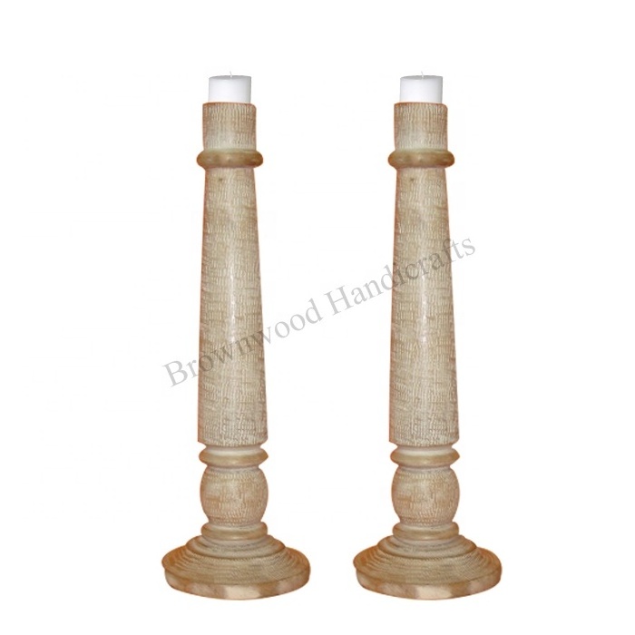 Latest New Design Solid Mango Wood Decorative Candle Holder stand Set of 2 Candle Pillar For Wedding & Church Decorations