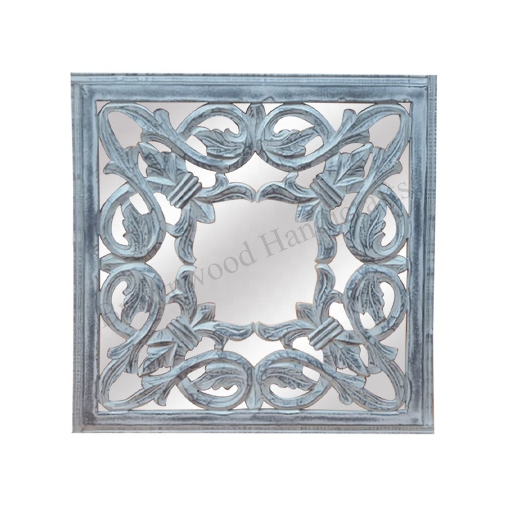 Top selling MDF Wood Hand Carved Wall Hanging Decorative Mirror panel Square Shape Wooden Carved Mirror Panel For Bedroom Decor