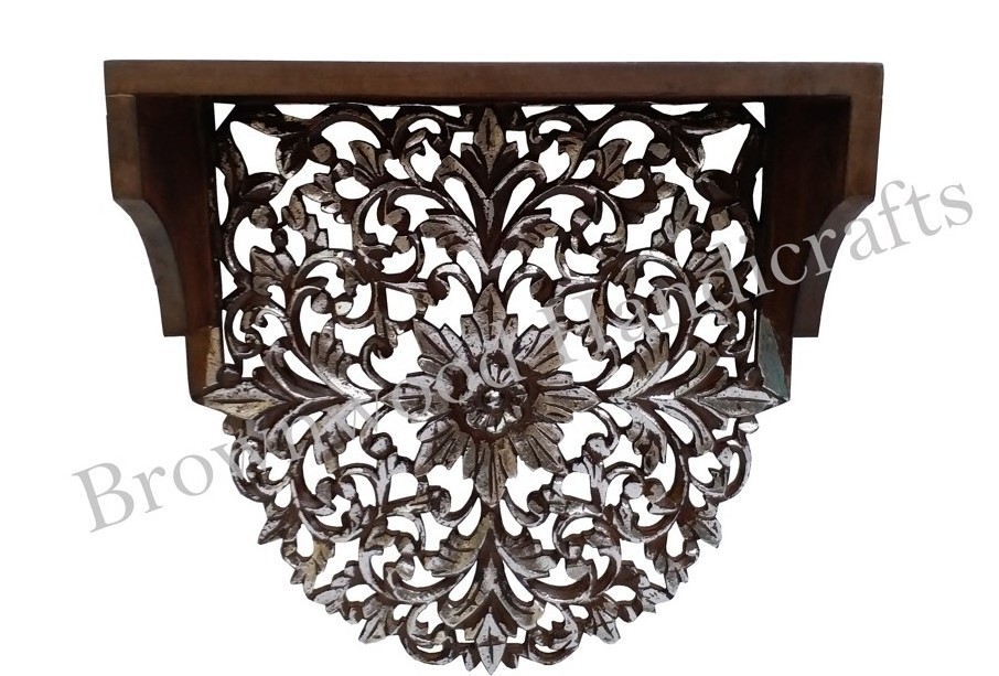 Antique Design Mango Wood Hand Carved Wall Hanging Floral Shelf Living Room Bedroom Decorative Wall Shelf at Low Price