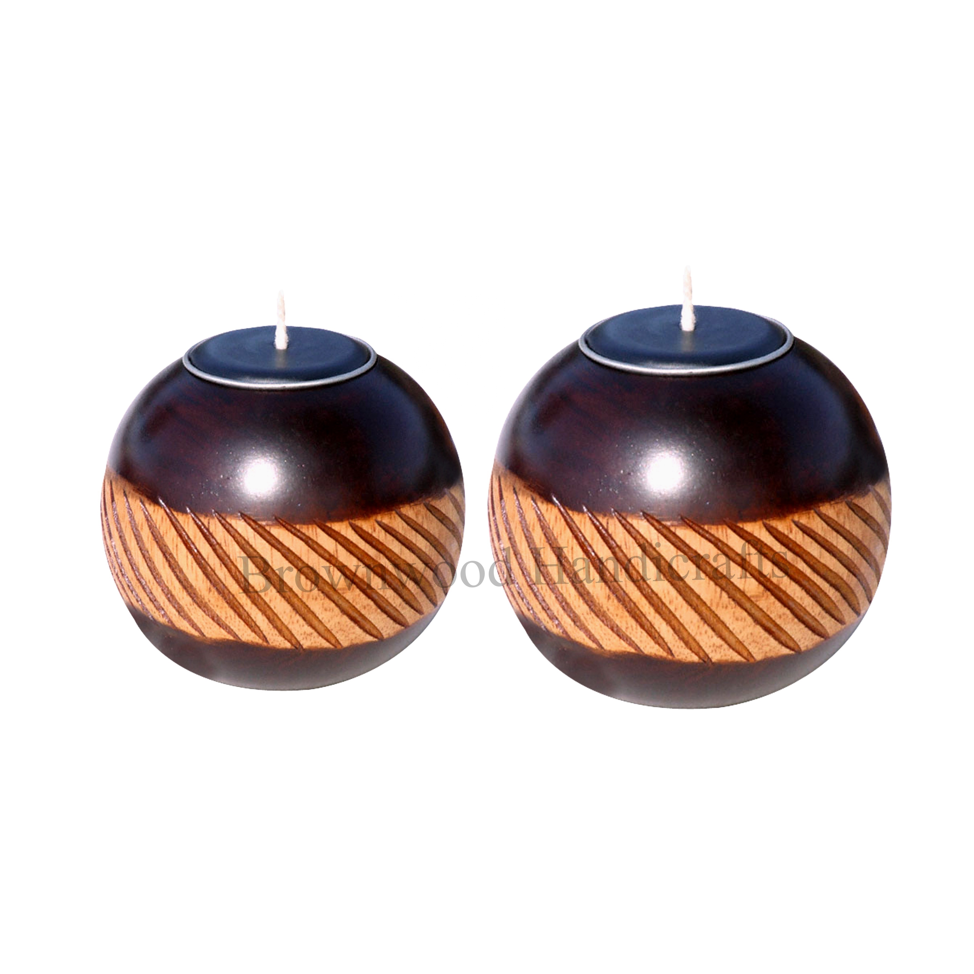 Solid Mango Wood Beautifully Hand Carved Round Ball Tea Light Candle Holder For Birthday, Wedding & Christmas Decor