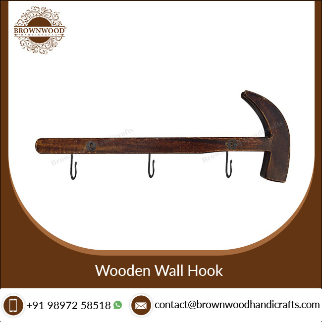 Top Quality Unique Design Dark Burnt Color Handmade Solid Mango Wood Hammer Shape Wall Hook from Indian Supplier