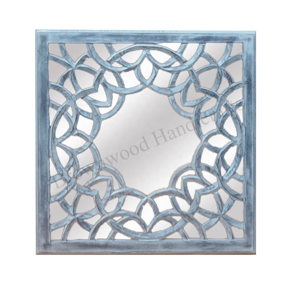 Top selling MDF Wood Hand Carved Wall Hanging Decorative Mirror panel Square Shape Wooden Carved Mirror Panel For Bedroom Decor