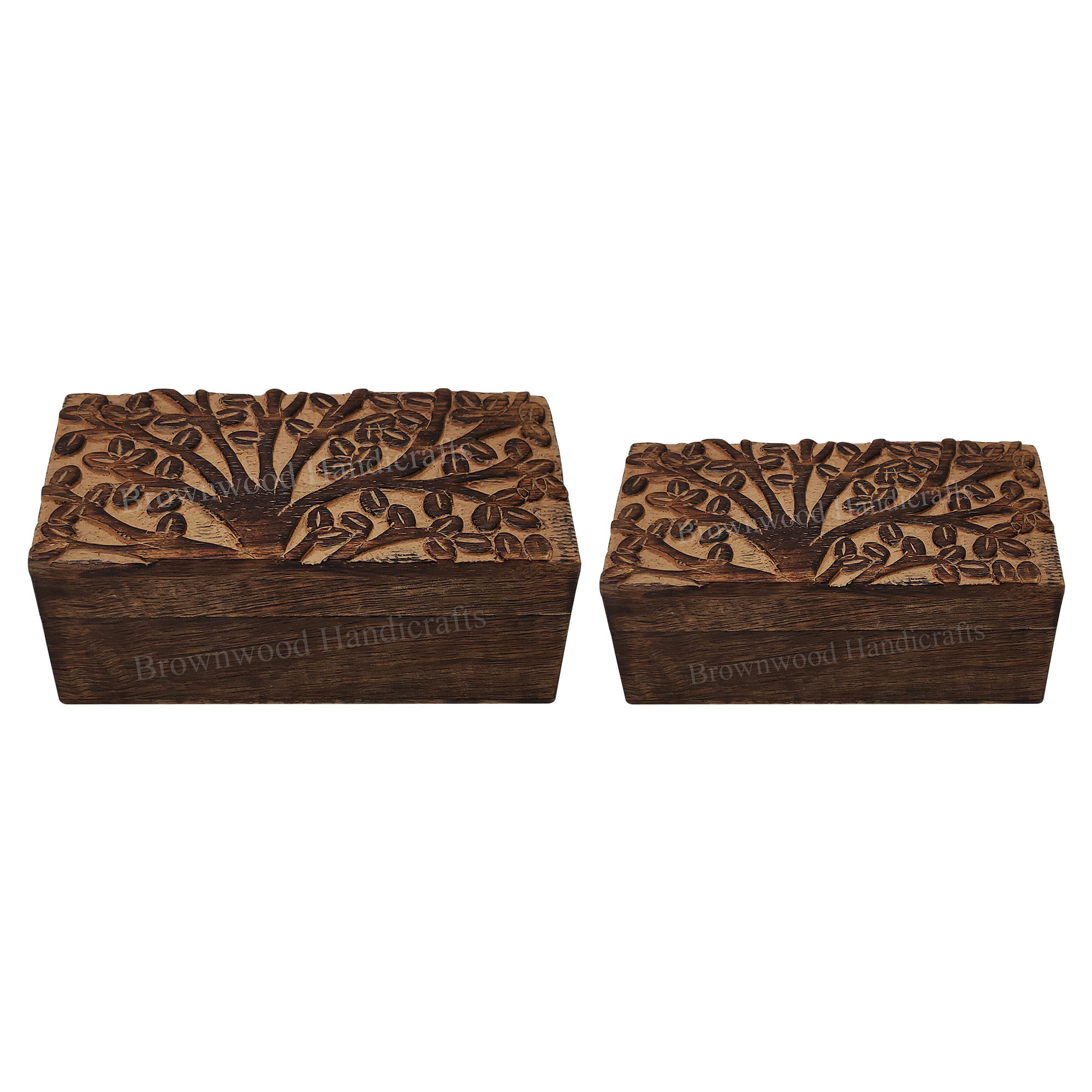 Burnt Antique Hand Carved Wooden Box Solid Mango Wood Box Set of 2 for Tabletop Decoration & Jewellery Box at Cheap Price