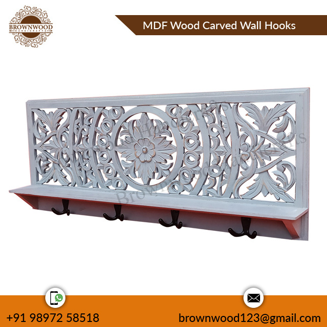 New Arrival Excellent Quality Decorative MDF Wooden Carved Wall Hook Cum Wall Shelf Wooden Carved Wall Shelf With Metal Hooks