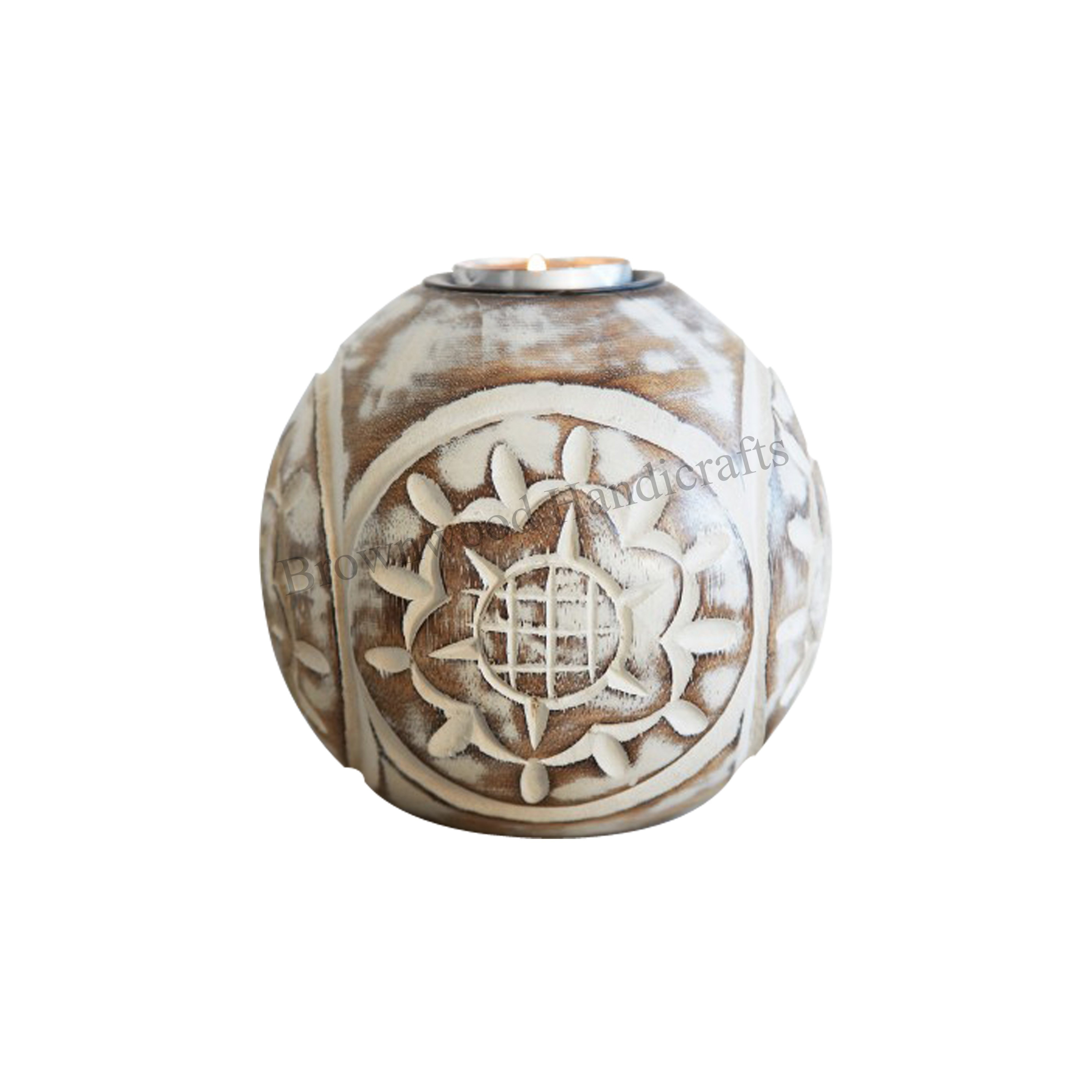 New Arrival Solid Wooden Hand Carved Round Ball Tea Light Candle Holder For Decor at Wholesale Price and Low MOQ