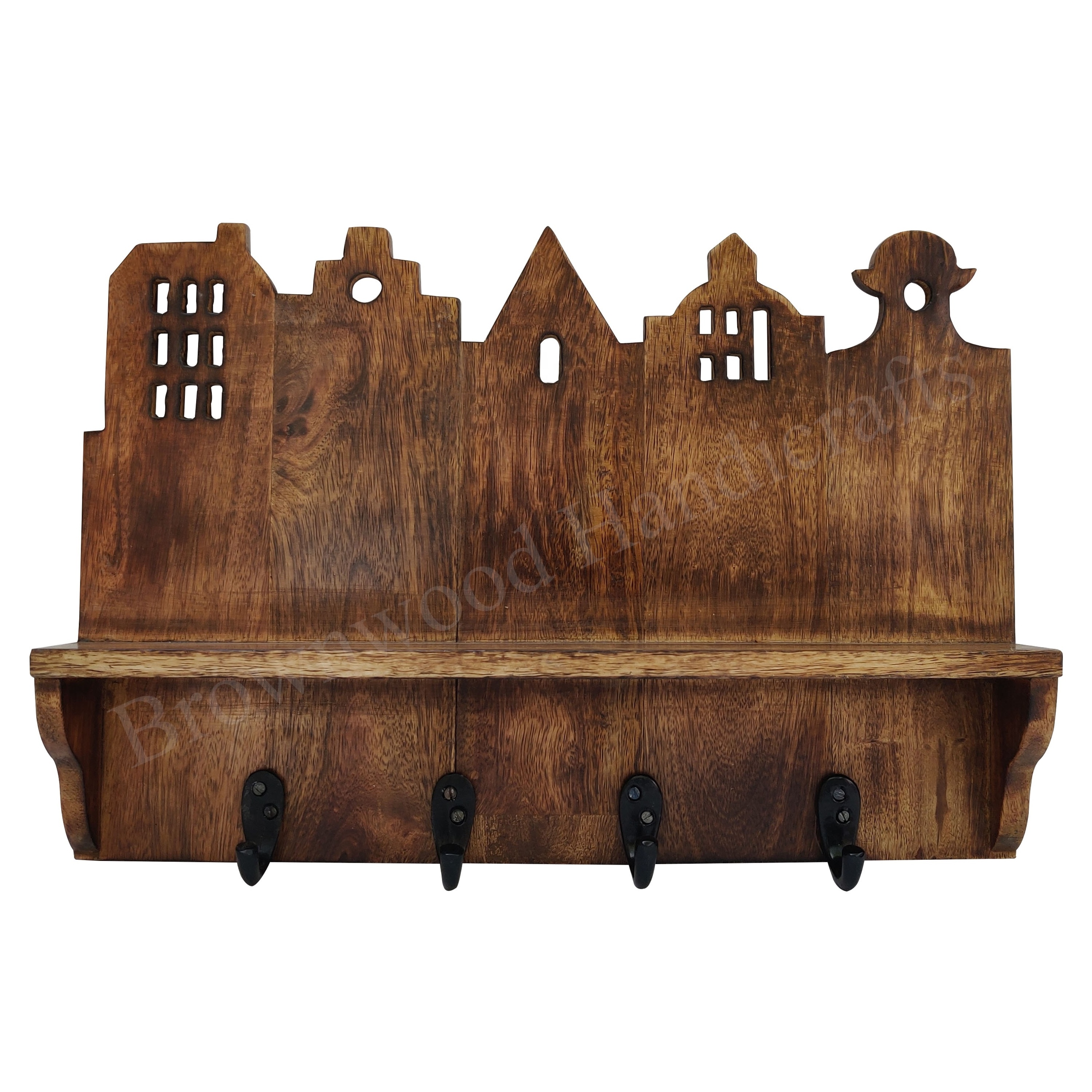 New Arrival Creative Hand Carved Designed Mango Wood Wall Mounted Hook Antique Decorative Wall Hooks For Coats & Keys with Shelf