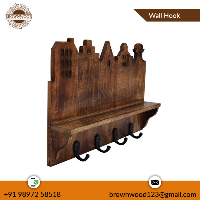 New Arrival Creative Hand Carved Designed Mango Wood Wall Mounted Hook Antique Decorative Wall Hooks For Coats & Keys with Shelf