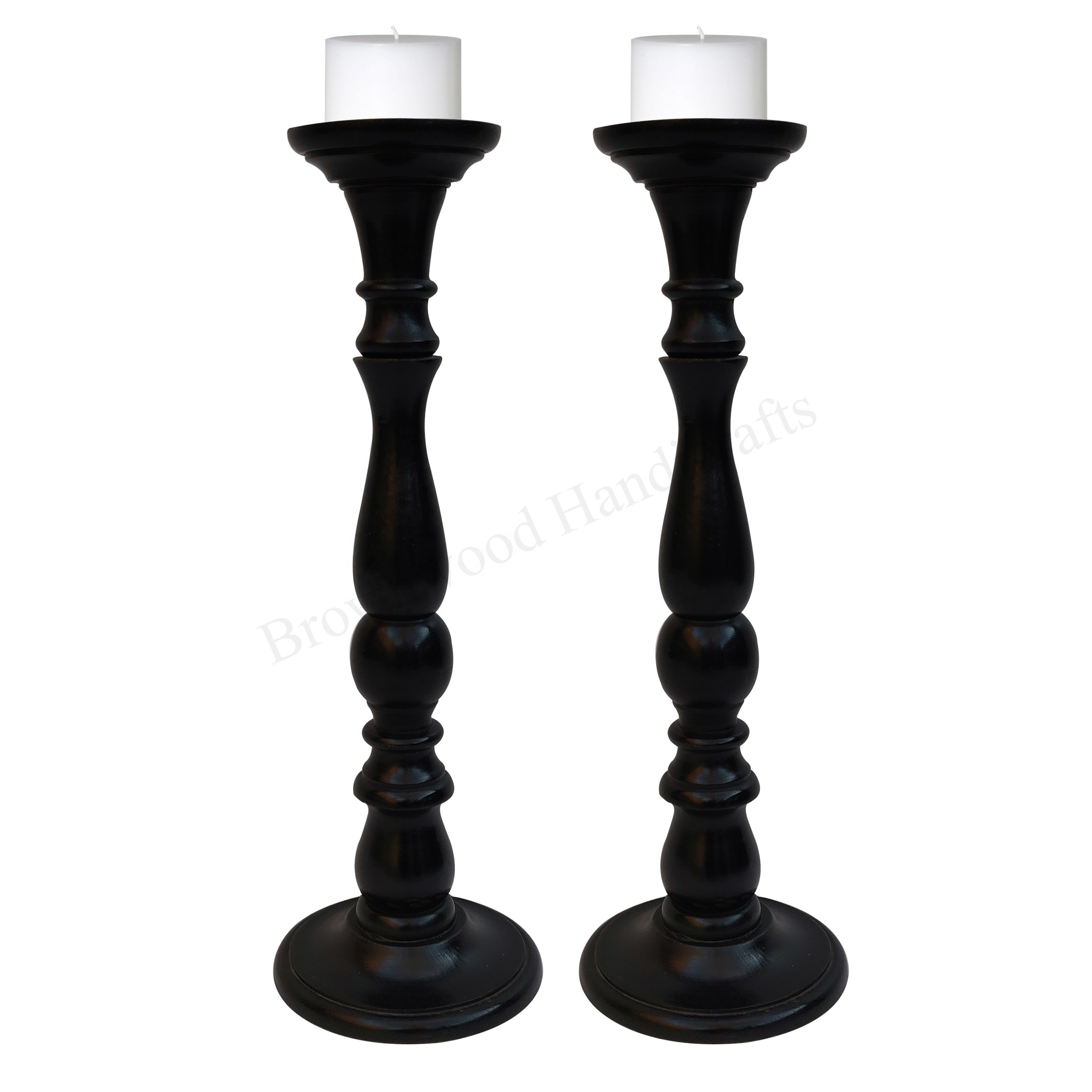 Black Silver 15 Inch Solid Mango Wood Candle Holder Set of 2 Decorative Table Top Candle Holder Pillar From Indian Manufacturer