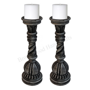 Black Silver 15 Inch Solid Mango Wood Candle Holder Set of 2 Decorative Table Top Candle Holder Pillar From Indian Manufacturer