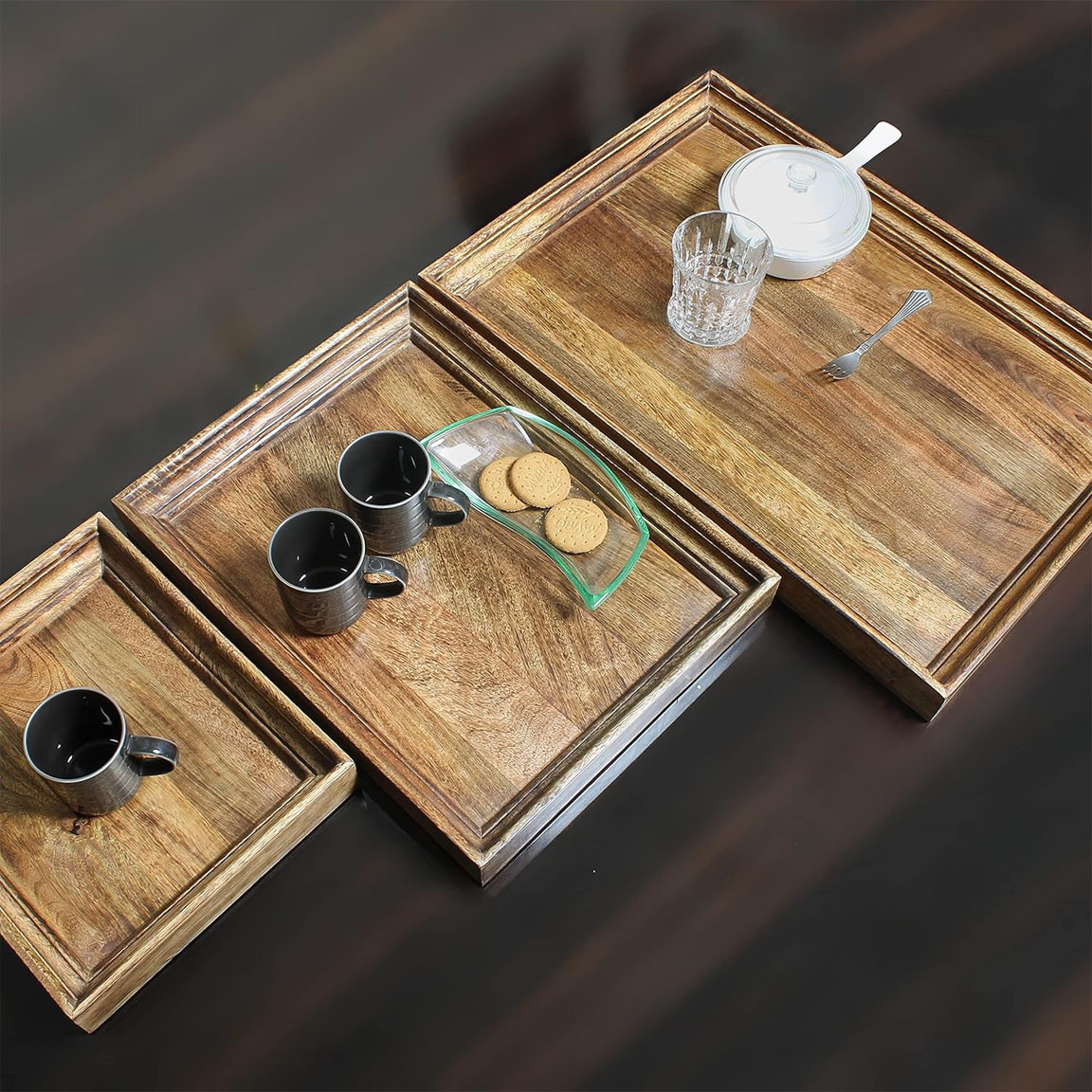 Burnt Mango Wood Serving Tray Set - Ideal for Tea, Coffee, and Breakfast - Available In Large, Medium, and Small Size Trays