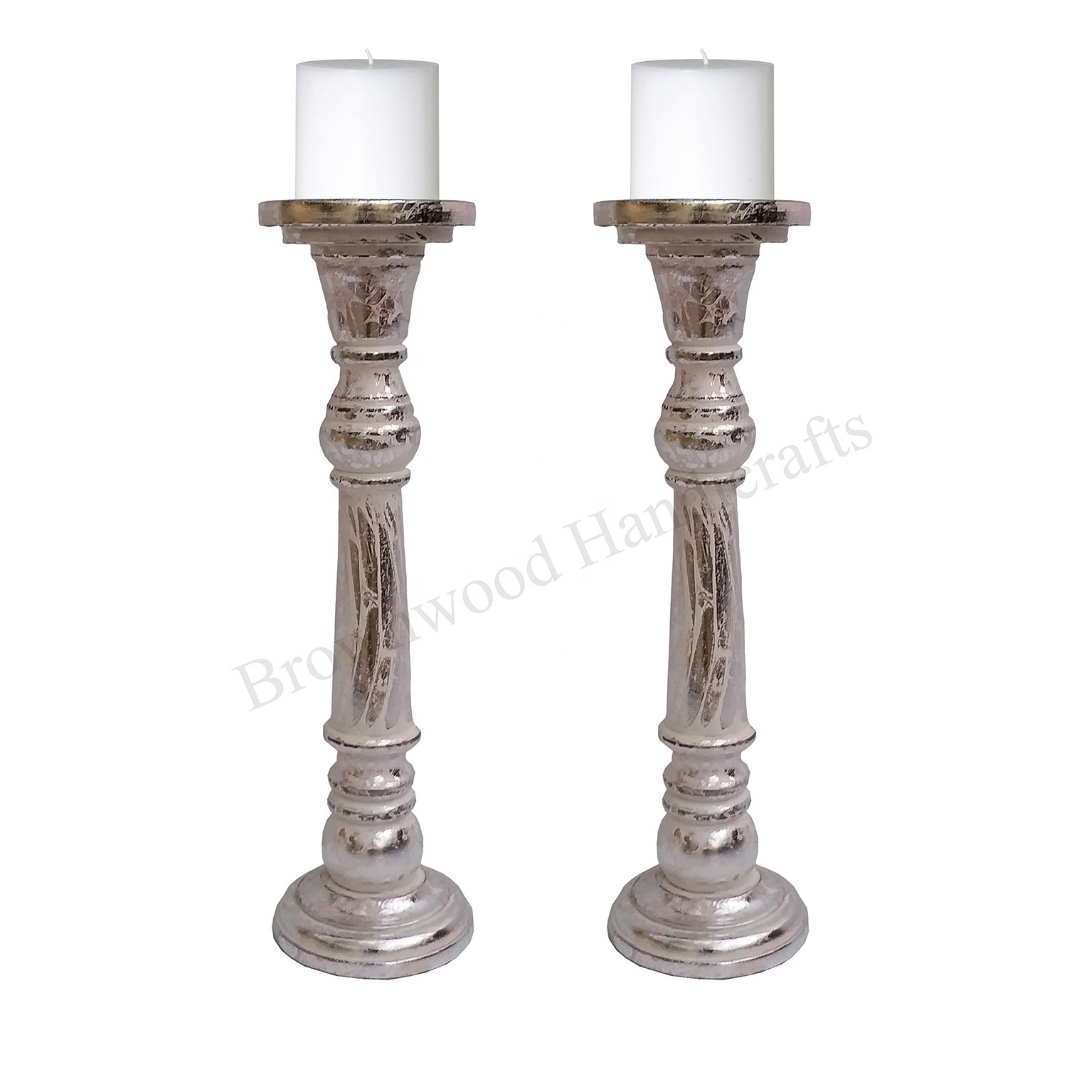 Latest New Design Solid Mango Wood Decorative Candle Holder stand Set of 2 Candle Pillar For Wedding & Church Decorations