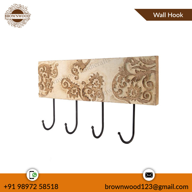 Hot Sale Wholesale Supply Wall Decorative Wooden Hook Hanger Mango Wood Antique Hand Carved Wall hooks for Wholesale Buyers