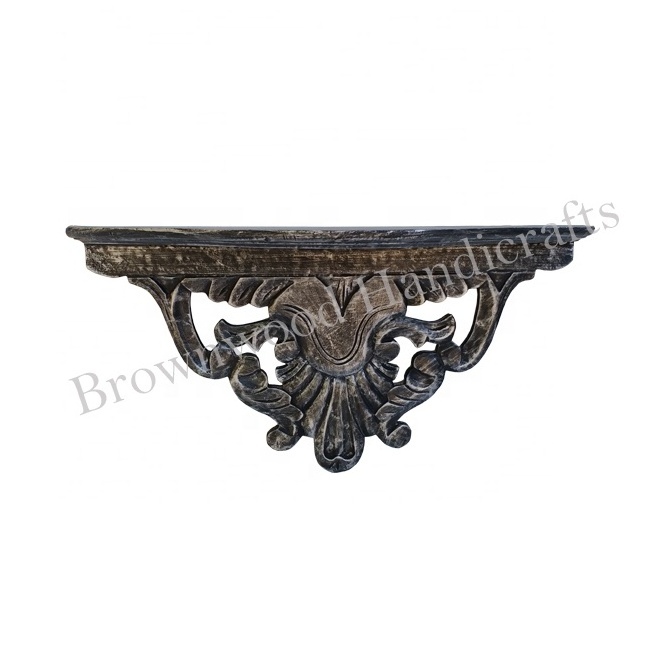 Antique Design Mango Wood Hand Carved Wall Hanging Floral Shelf Living Room Bedroom Decorative Wall Shelf at Low Price