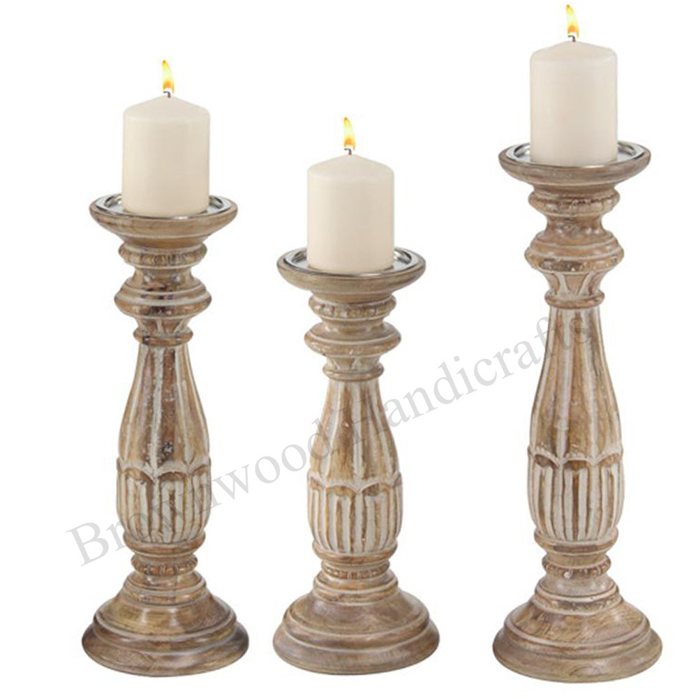 Artistic Hand Carved Mango Wood Candle Holder Pillar Set of 3 Wooden Handmade Decorative Candle Holder Stand For All Occasions