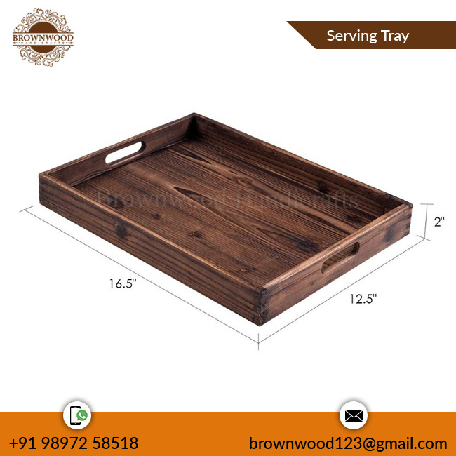 Wholesale Price Pine Wood Handmade Serving Tray with Handles Tea Coffee Yummy Desert Serving and Decor Wooden Tray