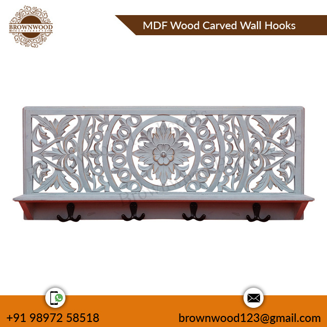 New Arrival Excellent Quality Decorative MDF Wooden Carved Wall Hook Cum Wall Shelf Wooden Carved Wall Shelf With Metal Hooks