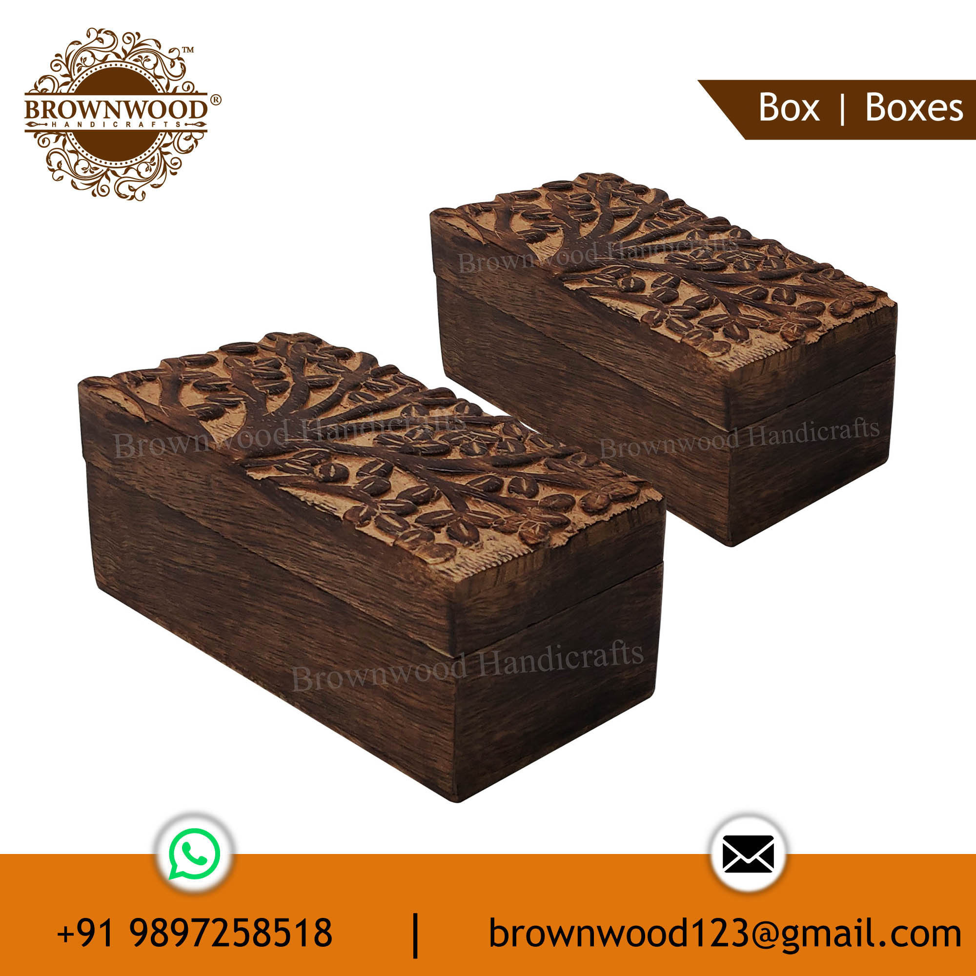 Burnt Antique Hand Carved Wooden Box Solid Mango Wood Box Set of 2 for Tabletop Decoration & Jewellery Box at Cheap Price