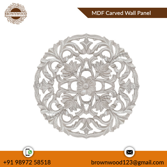 Elegant Dual-Tone White & Grey Antique Handmade MDF Wood Hand Carved Wooden Round Wall Panel for Exquisite Home & Office Decor