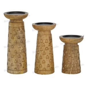 Natural Mango Wood Finished Color Home Decorative Wooden Candle Holders Set of 3 From Trusted Indian Manufacturer & Exporter