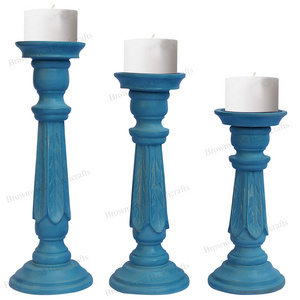 Stylish Grey Antique Solid Mango Wood Candle Holder Set of 3 Wooden Candle Decor Stand Set From Indian Manufacturer & Exporter