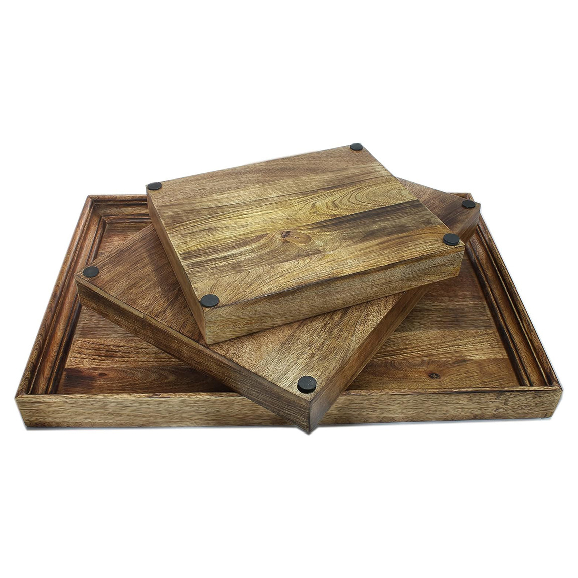 Burnt Mango Wood Serving Tray Set - Ideal for Tea, Coffee, and Breakfast - Available In Large, Medium, and Small Size Trays