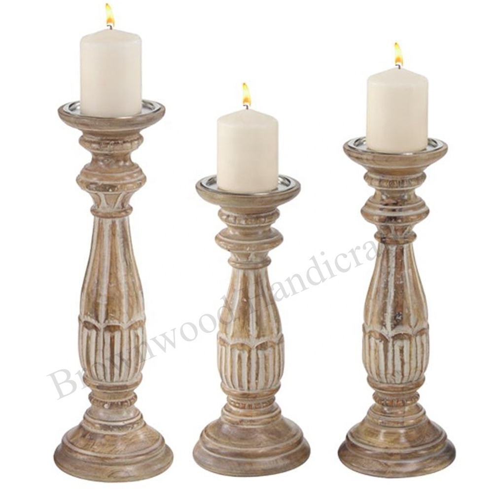 Artistic Hand Carved Mango Wood Candle Holder Pillar Set of 3 Wooden Handmade Decorative Candle Holder Stand For All Occasions