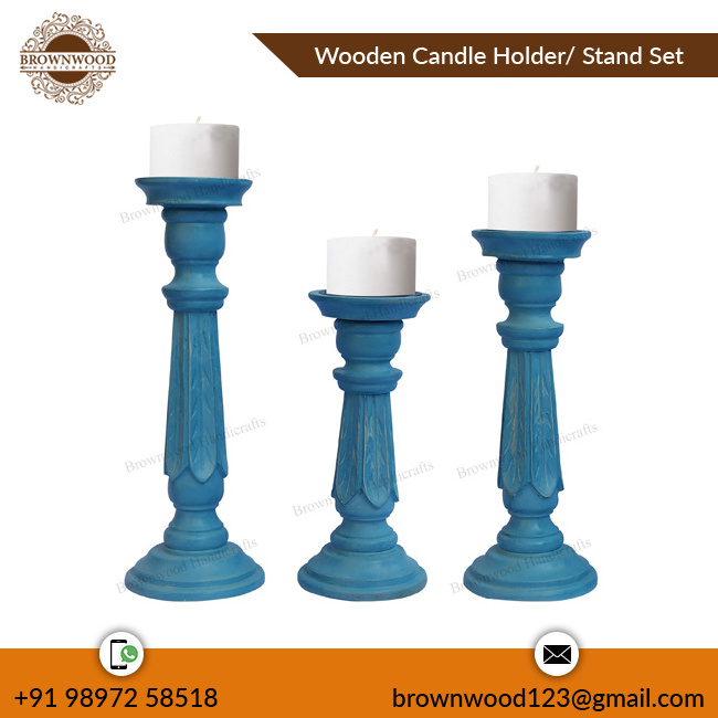 Stylish Grey Antique Solid Mango Wood Candle Holder Set of 3 Wooden Candle Decor Stand Set From Indian Manufacturer & Exporter