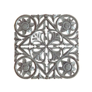 Burnt White Antique Color Floral Hand Carved MDF Wood Square Shaped Decorative Wall Panel For Bedroom & Office Decor