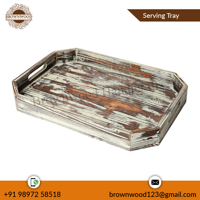 Elegant Design Octagon Shape Solid Pine Wood Serving Tray with Handles Wooden Handmade Tray for Serving Manufacturer/Exporter