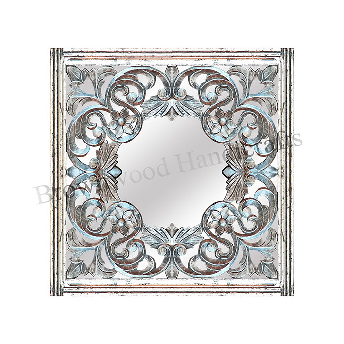 Top selling MDF Wood Hand Carved Wall Hanging Decorative Mirror panel Square Shape Wooden Carved Mirror Panel For Bedroom Decor