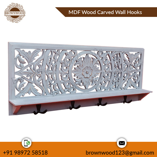 New Arrival Excellent Quality Decorative MDF Wooden Carved Wall Hook Cum Wall Shelf Wooden Carved Wall Shelf With Metal Hooks