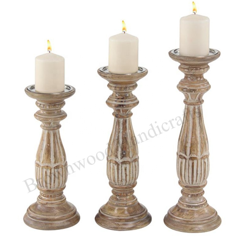 Artistic Hand Carved Mango Wood Candle Holder Pillar Set of 3 Wooden Handmade Decorative Candle Holder Stand For All Occasions