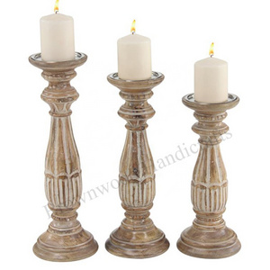 Artistic Hand Carved Mango Wood Candle Holder Pillar Set of 3 Wooden Handmade Decorative Candle Holder Stand For All Occasions