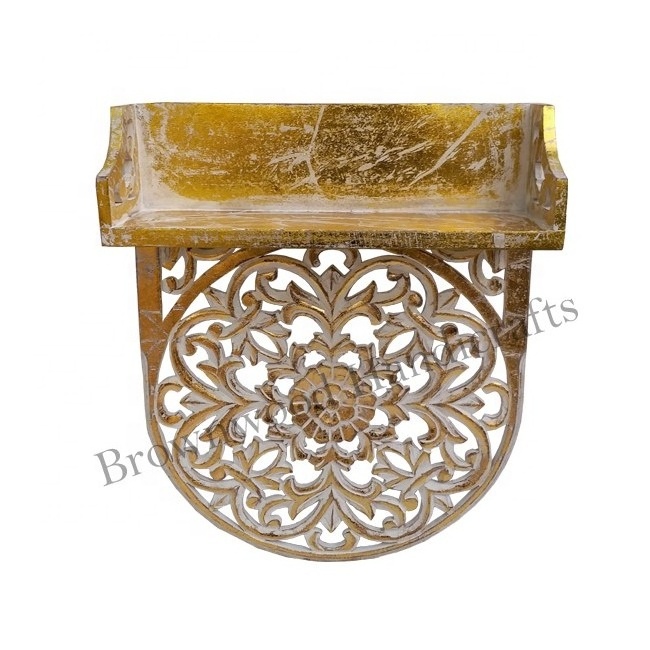 Antique Design Mango Wood Hand Carved Wall Hanging Floral Shelf Living Room Bedroom Decorative Wall Shelf at Low Price