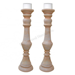 Latest New Design Solid Mango Wood Decorative Candle Holder stand Set of 2 Candle Pillar For Wedding & Church Decorations