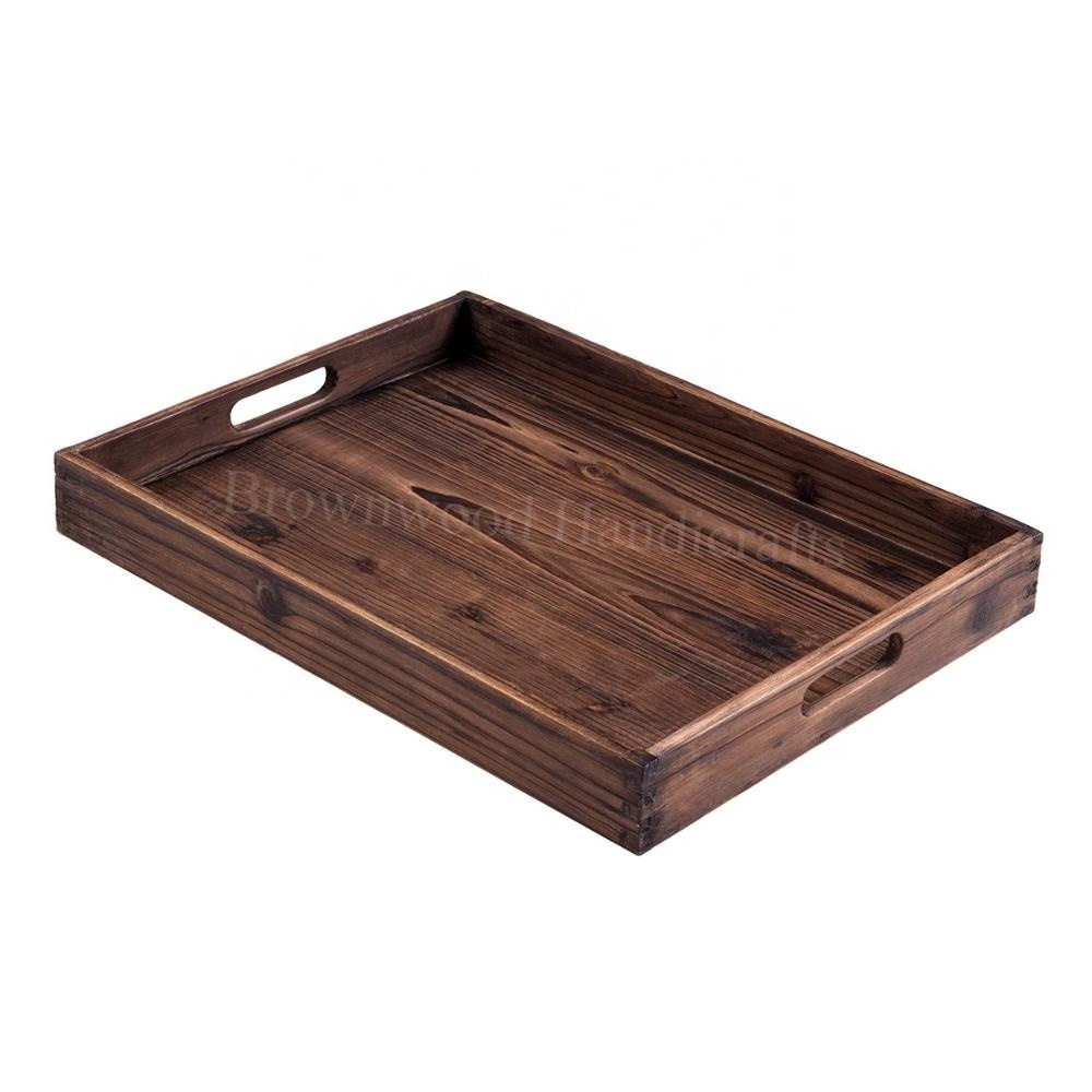 Wholesale Price Pine Wood Handmade Serving Tray with Handles Tea Coffee Yummy Desert Serving and Decor Wooden Tray