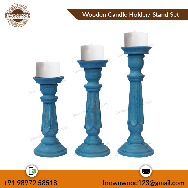 Stylish Grey Antique Solid Mango Wood Candle Holder Set of 3 Wooden Candle Decor Stand Set From Indian Manufacturer & Exporter