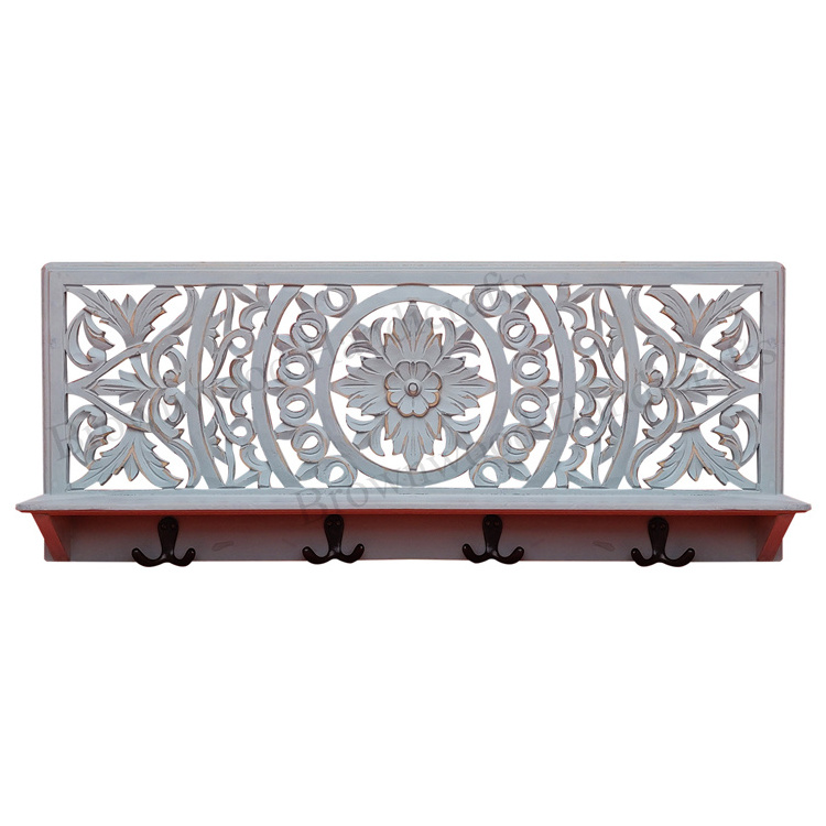 New Arrival Excellent Quality Decorative MDF Wooden Carved Wall Hook Cum Wall Shelf Wooden Carved Wall Shelf With Metal Hooks