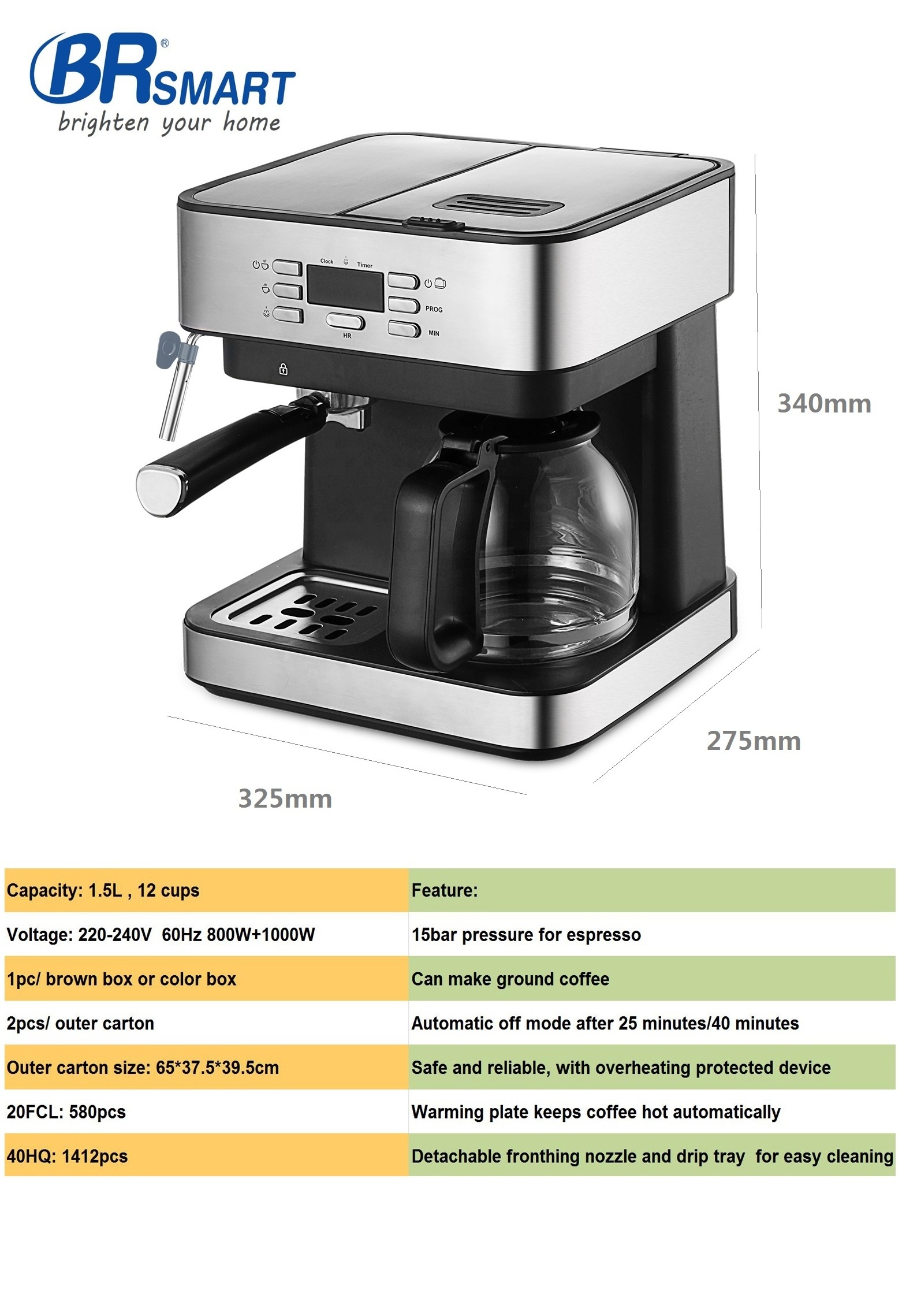 10 cups coffee maker machine Espresso Coffee Machine Milk Frother Digital Touch Screen 15 Bar coffee Maker