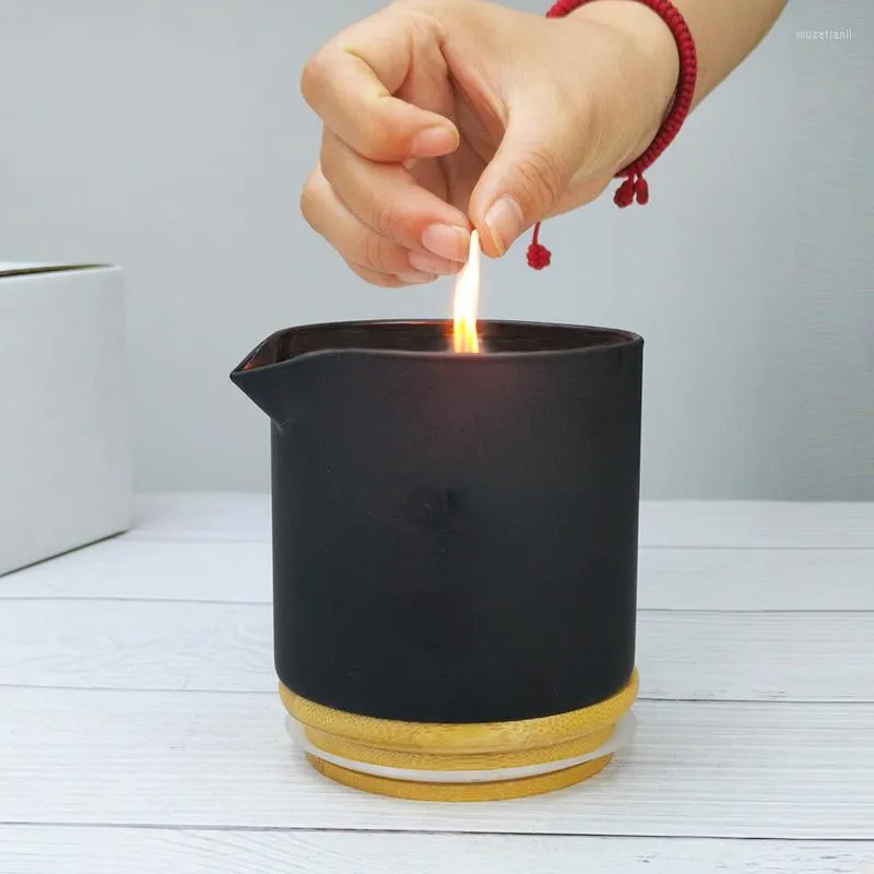 Best Selling Black Colored Candle Holders Bottle Empty Ceramic Massage Candle Jar with Pour Spout